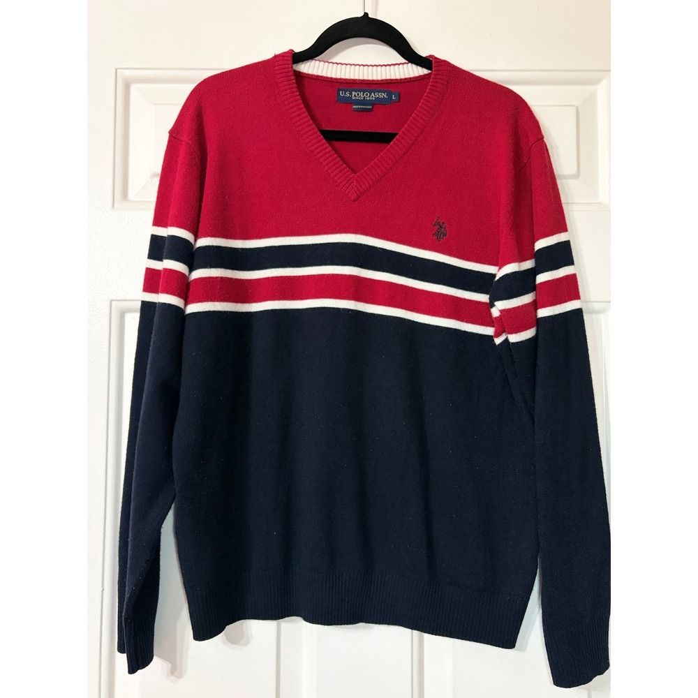 U.S. Polo Assn. | V-Neck Colorblock Striped Sweater | Size L || Red Navy White|